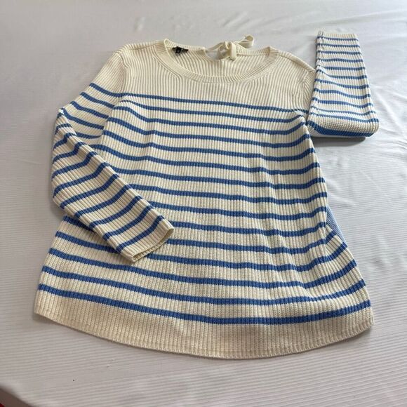 Talbots Womens MP Medium Petite Sweater Top White Blue Stripe Cotton Woven - Picture 5 of 8
